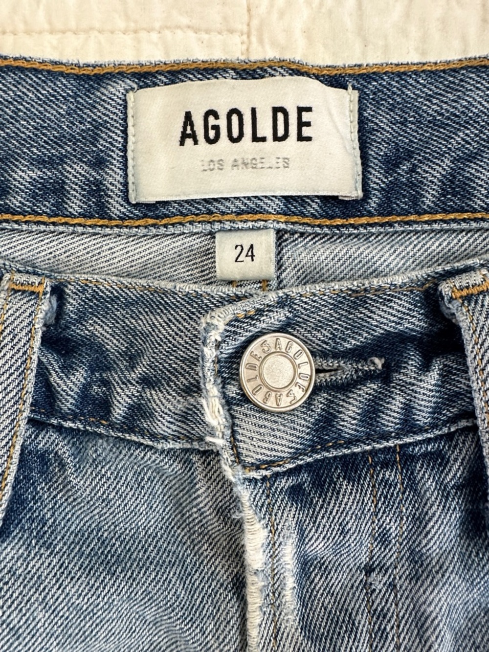 Agolde Distressed Dee 24 Light Blue High-Rise Denim Shorts - Picture 4 of 9